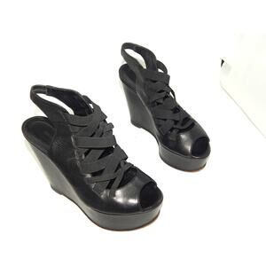 Georgina Goodman Black Leather Wedge Peep Toe Slingback Size 6